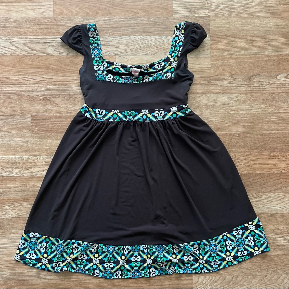 Brown Dress with Blue and Green Floral Accents